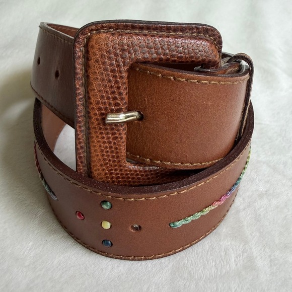 The Limited Accessories - The‎ Limited Leather Belt Womens Small Brown Vintage Made in Italy Beaded Boho